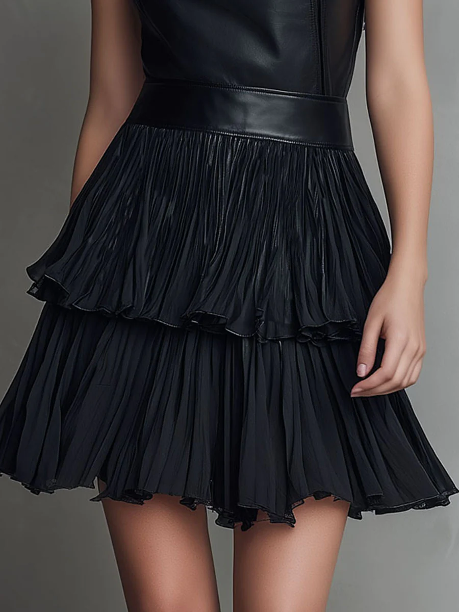 Chic Black Eco Leather & Pleated Chiffon Tiered Skirt Mini Dress - Image 8