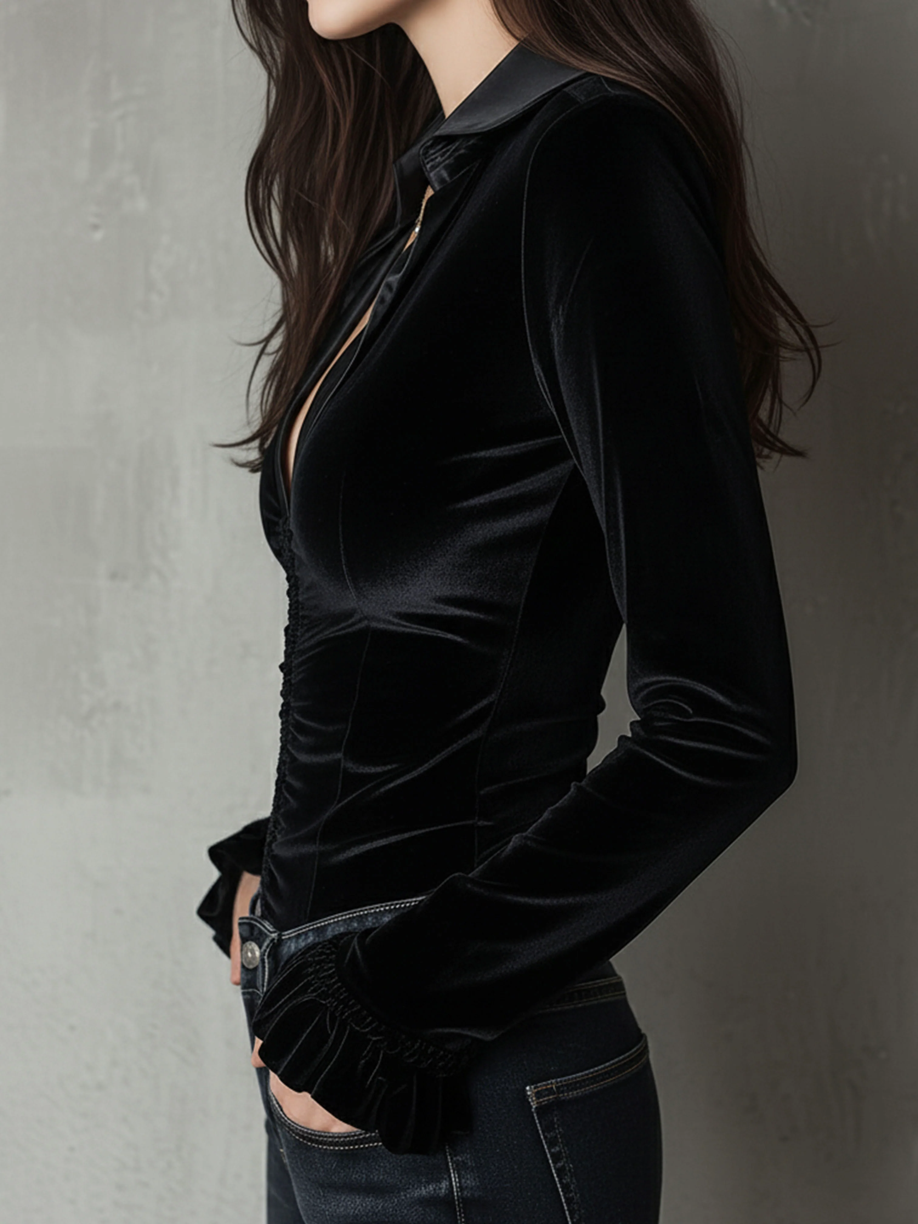 Chic Black Velvet Deep V Fitted Ruched Blouse With Satin Trim - Image 6