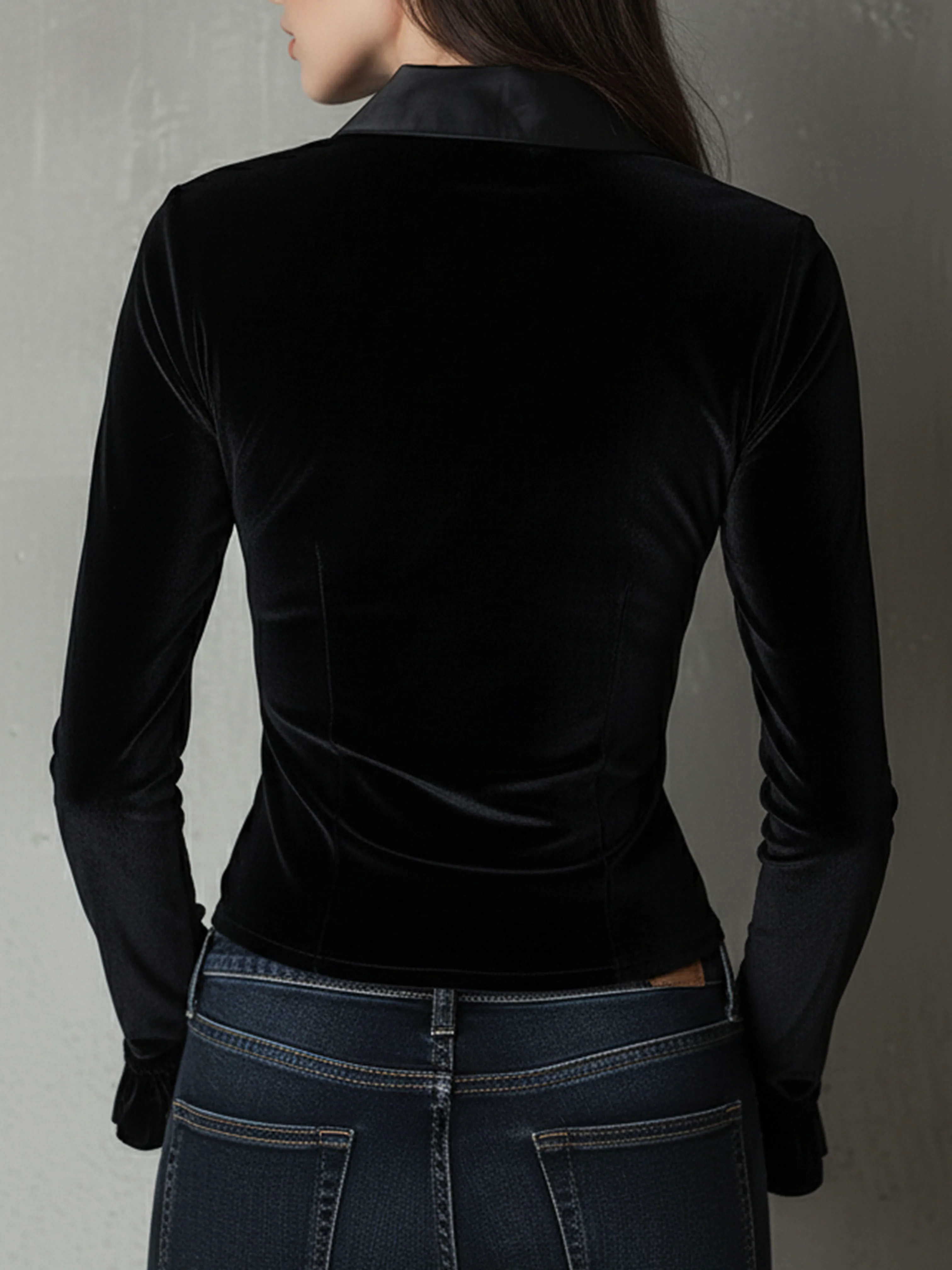 Chic Black Velvet Deep V Fitted Ruched Blouse With Satin Trim - Image 7