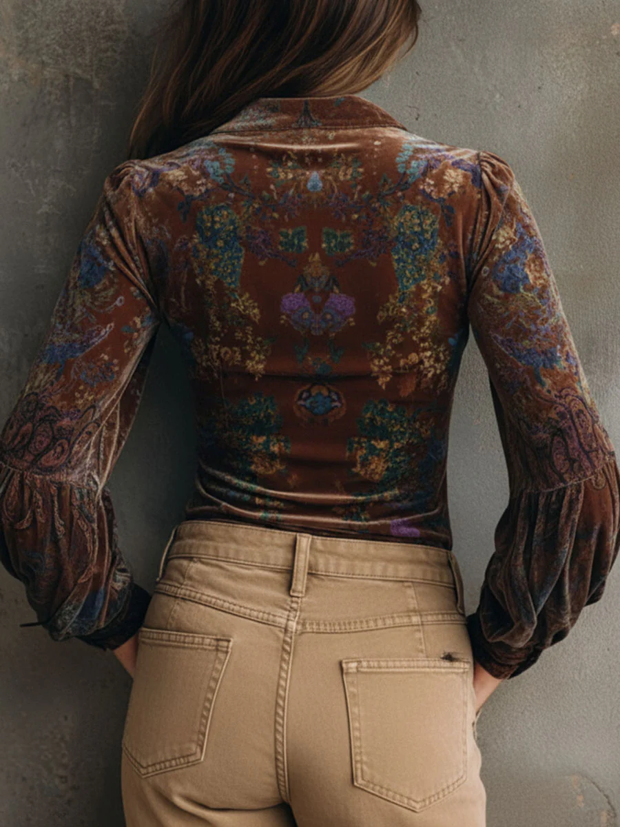 Chic Boho Floral Print Velvet Blouse With Ruffle Trim - Image 4