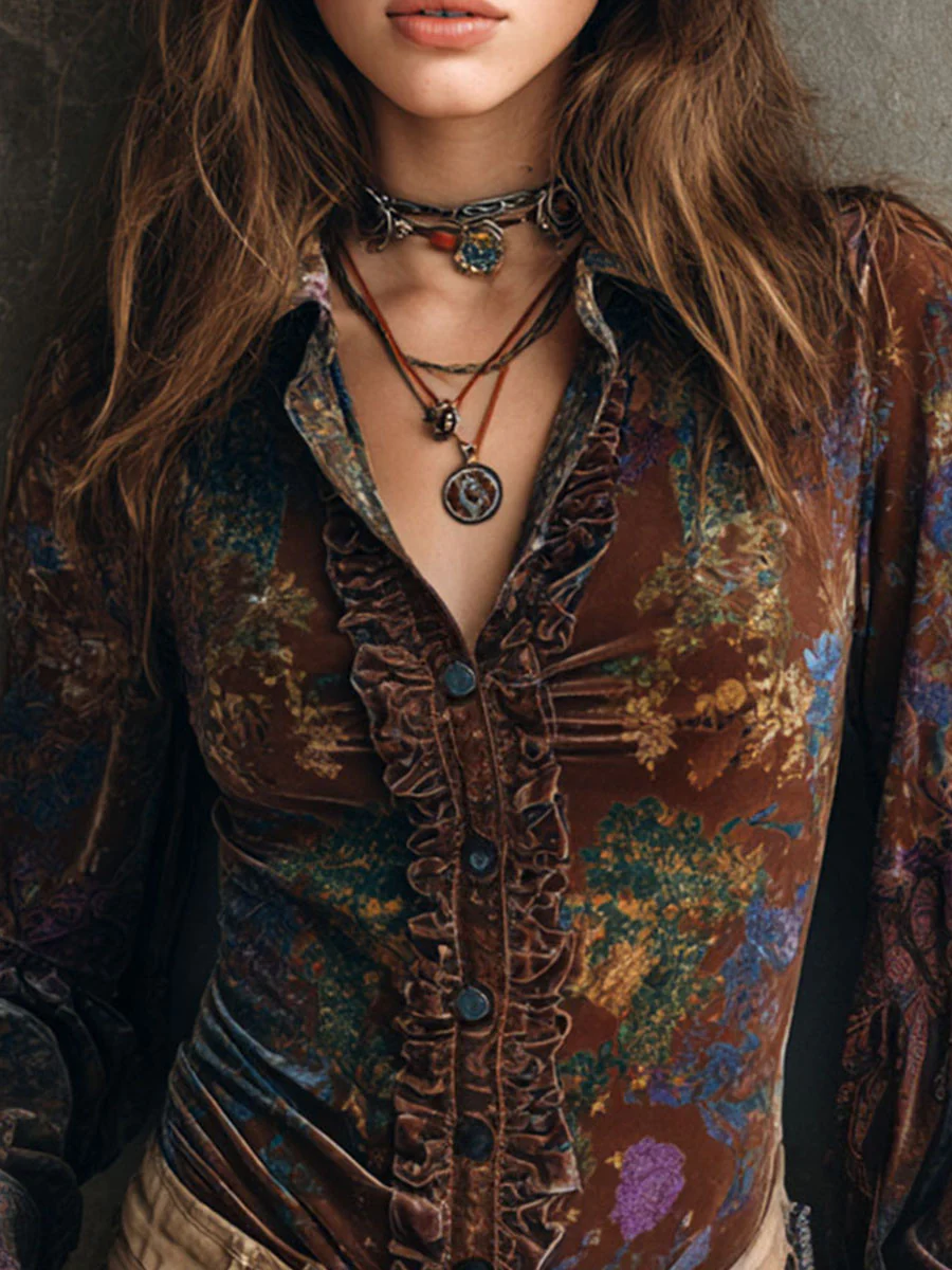 Chic Boho Floral Print Velvet Blouse With Ruffle Trim - Image 5