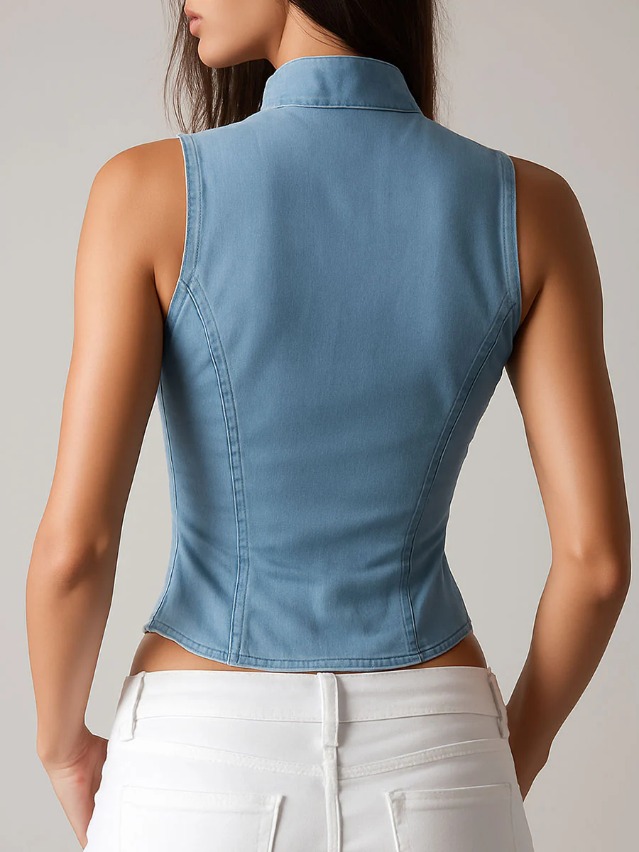 Chic Plunging Lapel Light Blue Denim Corset Vest - Image 7