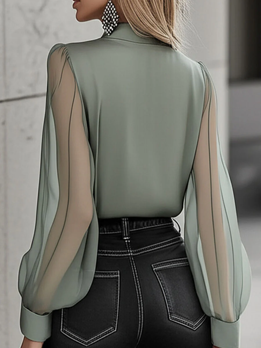 Chic Timeless Sheer Sleeve Button-Up Shirt - Image 4