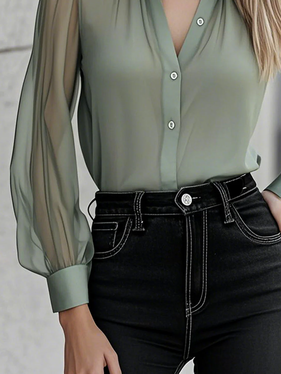Chic Timeless Sheer Sleeve Button-Up Shirt - Image 6