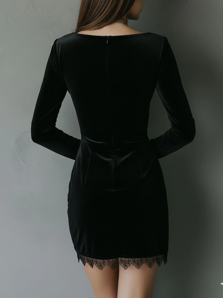 Chic Pleat Waist Black Velvet Mini Dress With Lace Trim - Image 5