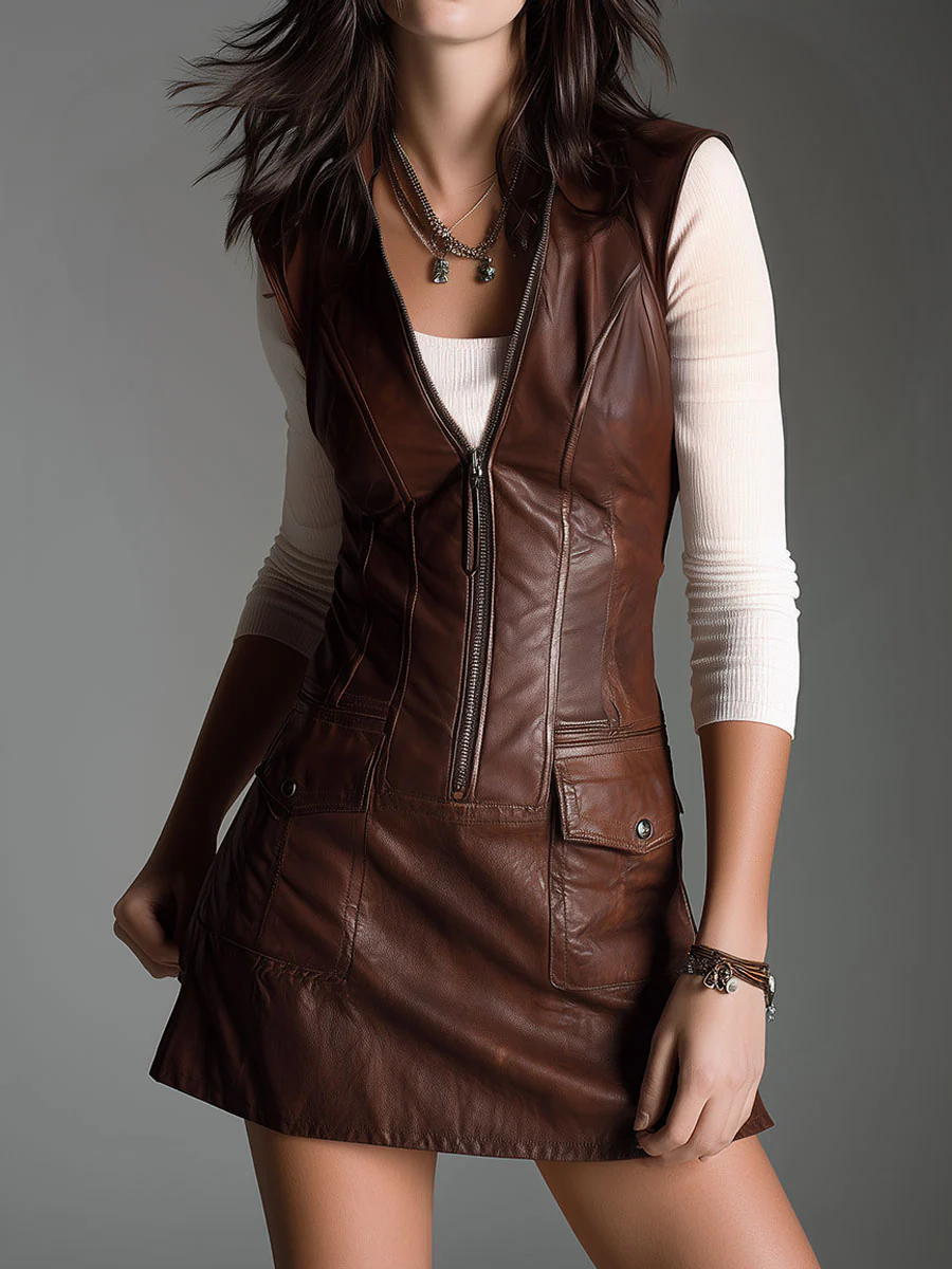 Chocolate Brown Eco Leather Zip Front Mini Dress With Utility Pockets - Image 6