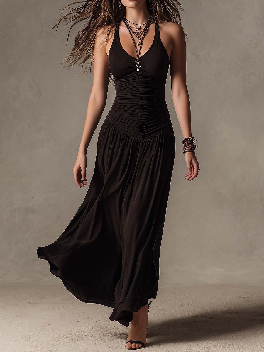 Classic Black Sleeveless Knit Pleated Maxi Dress