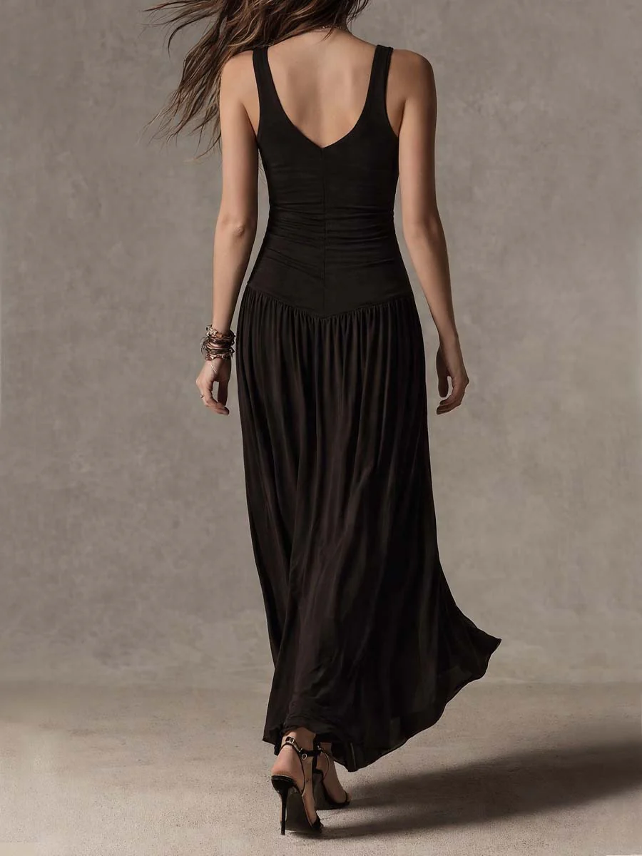 Classic Black Sleeveless Knit Pleated Maxi Dress - Image 2