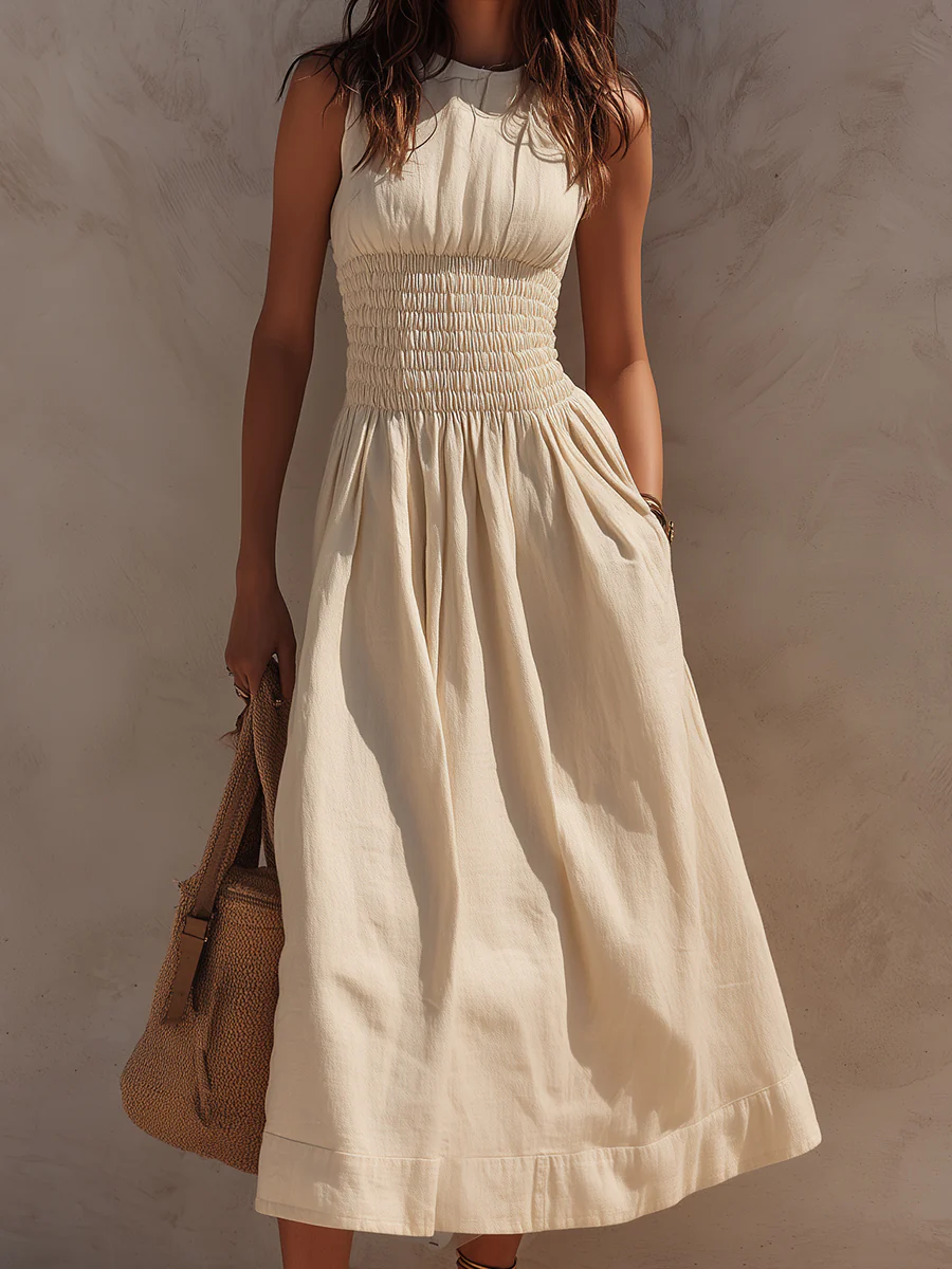 Classic Cotton-Linen Smocked Midi Dress With Side Pockets - Image 2