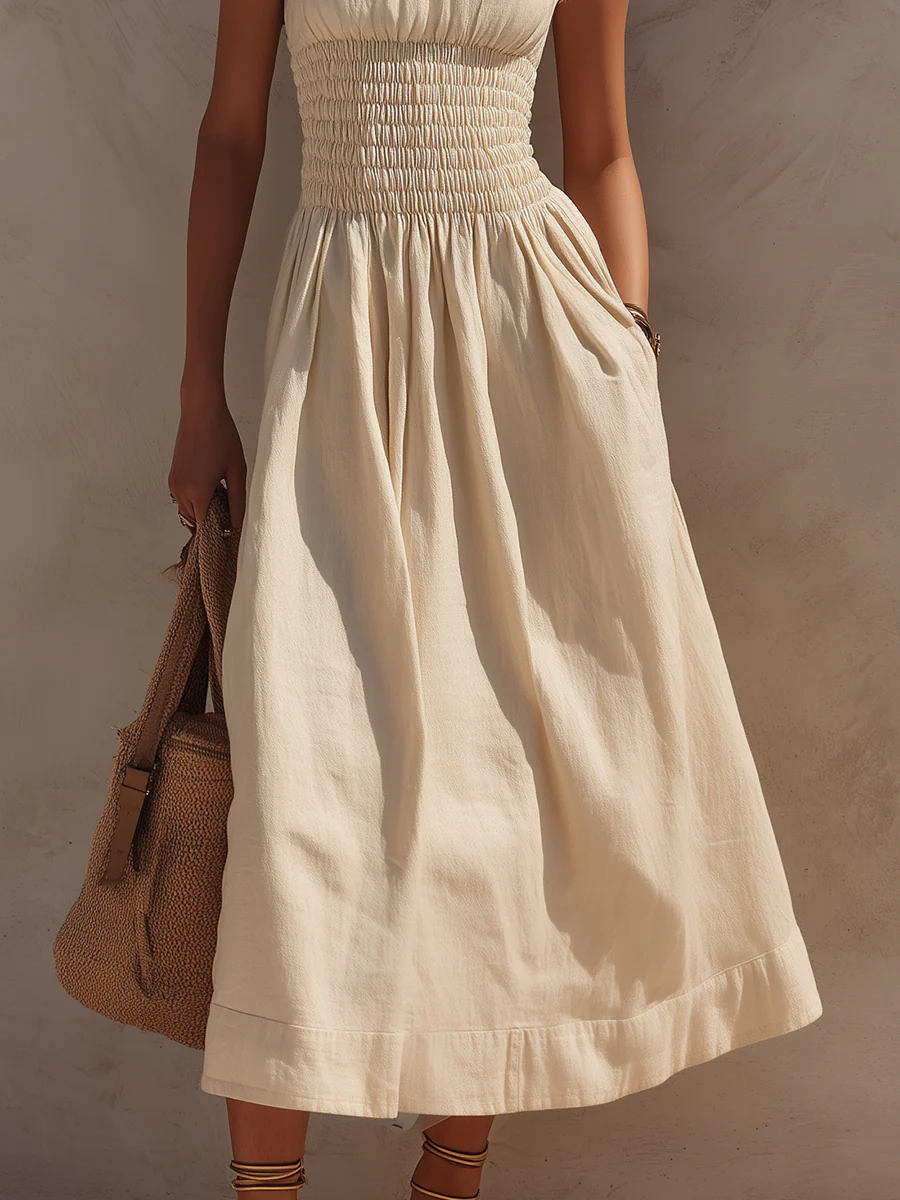 Classic Cotton-Linen Smocked Midi Dress With Side Pockets - Image 3