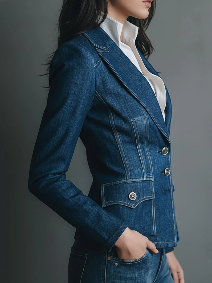 Classic Fitted Denim Jean Jacket With Pockets - Image 4