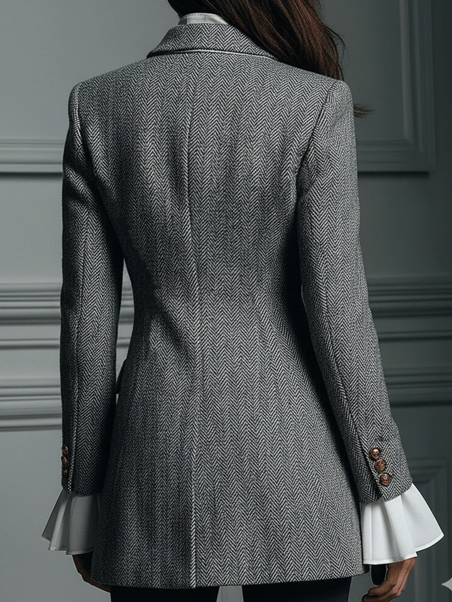 Classic Grey Houndstooth Wool Long Coat - Image 2