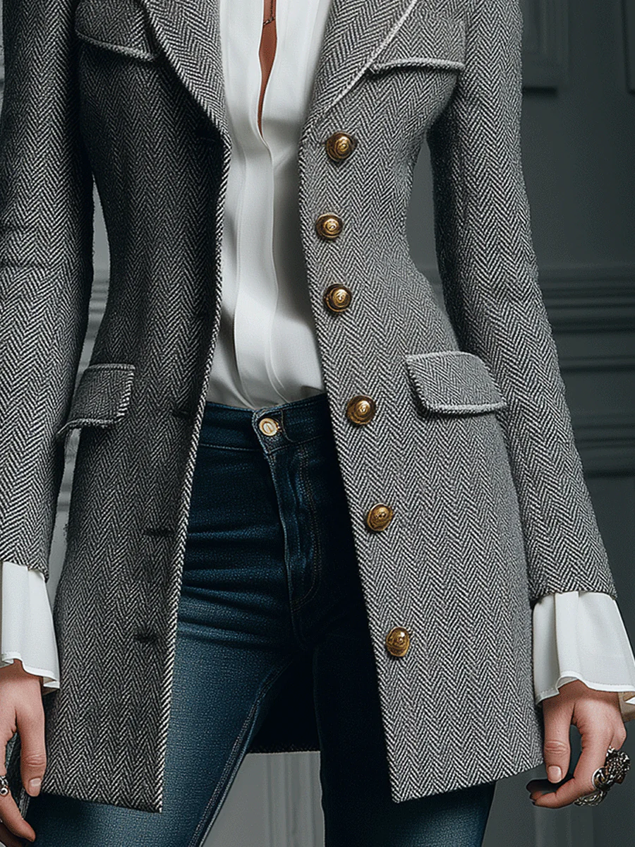 Classic Grey Houndstooth Wool Long Coat - Image 5