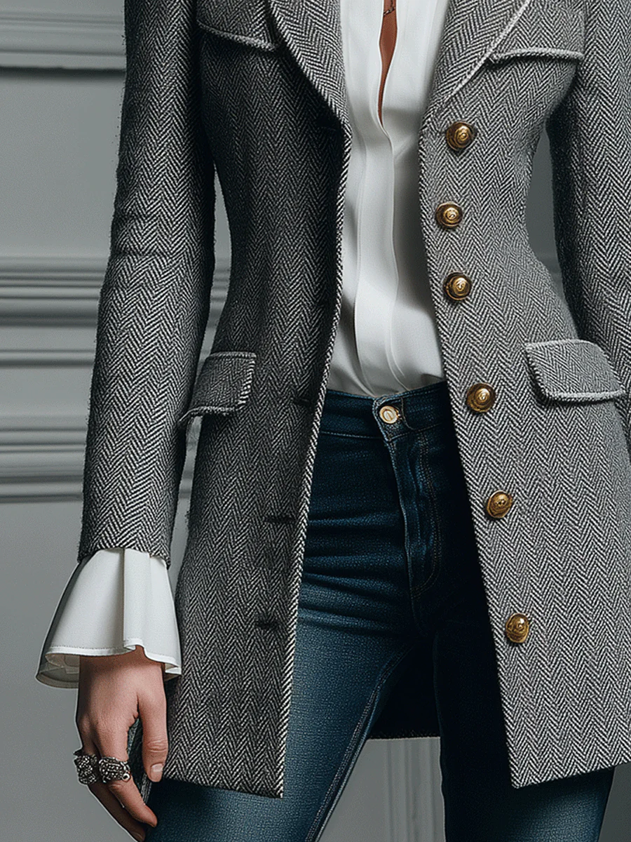 Classic Grey Houndstooth Wool Long Coat - Image 6