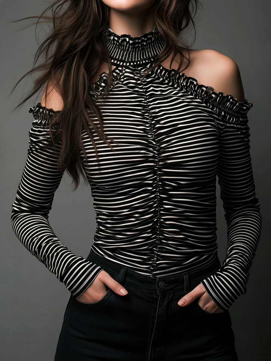 Classic High Neck Striped Cold-Shoulder Ruched Top - Image 3