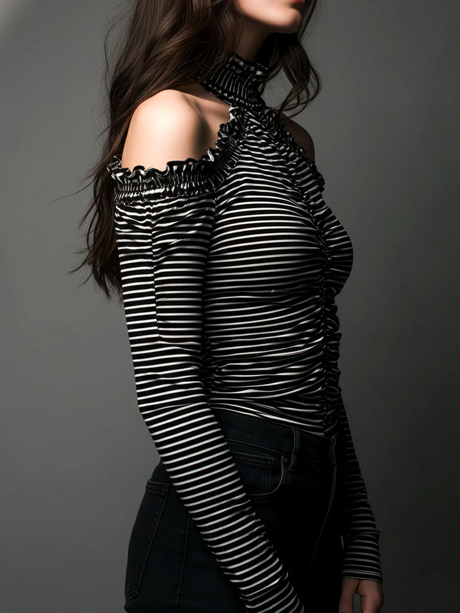 Classic High Neck Striped Cold-Shoulder Ruched Top - Image 4