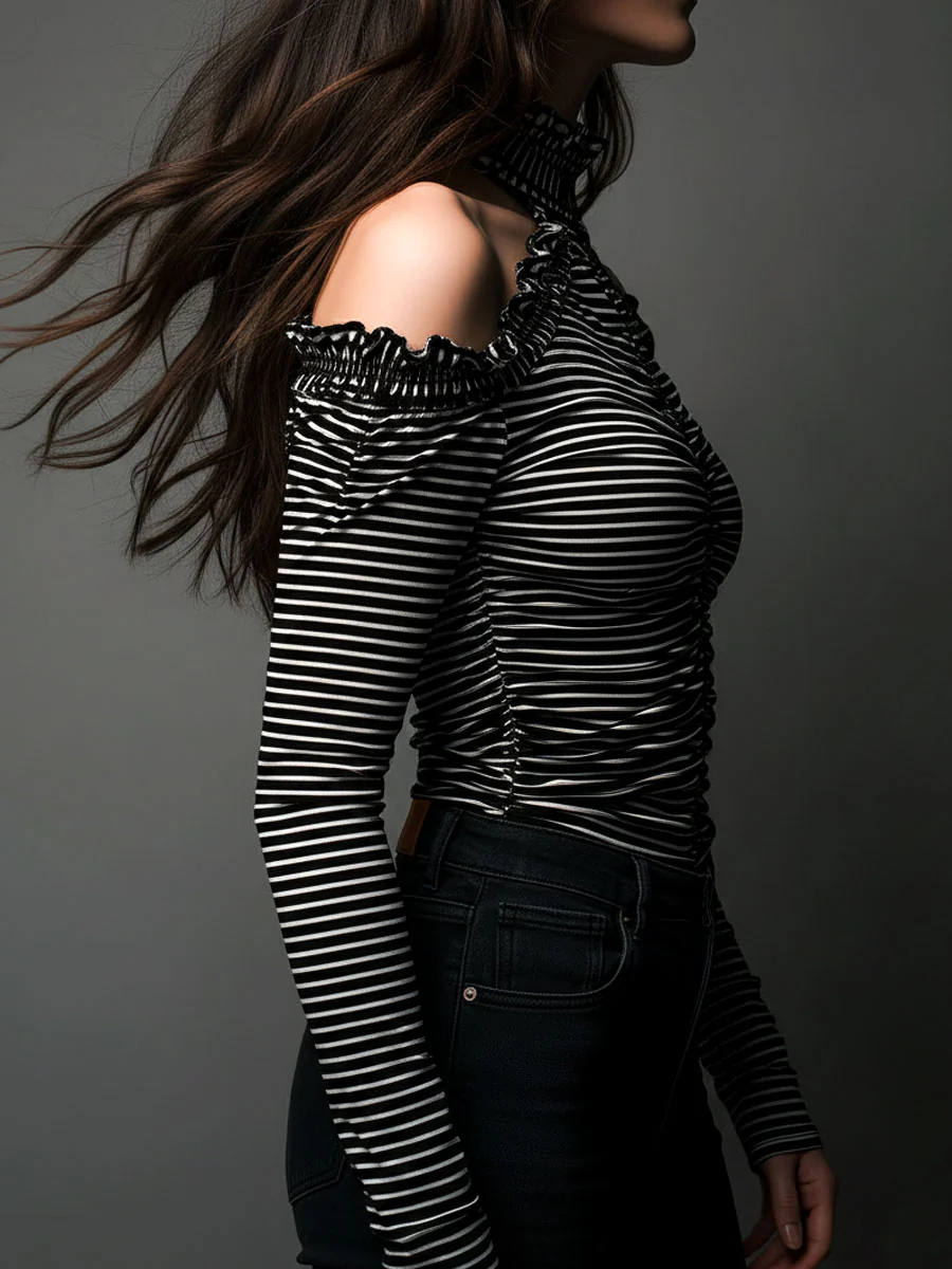 Classic High Neck Striped Cold-Shoulder Ruched Top - Image 5
