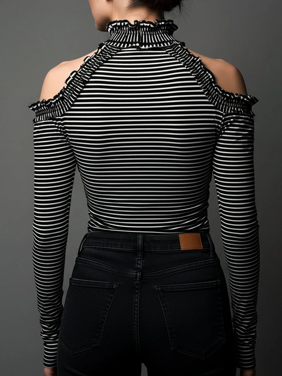 Classic High Neck Striped Cold-Shoulder Ruched Top - Image 6