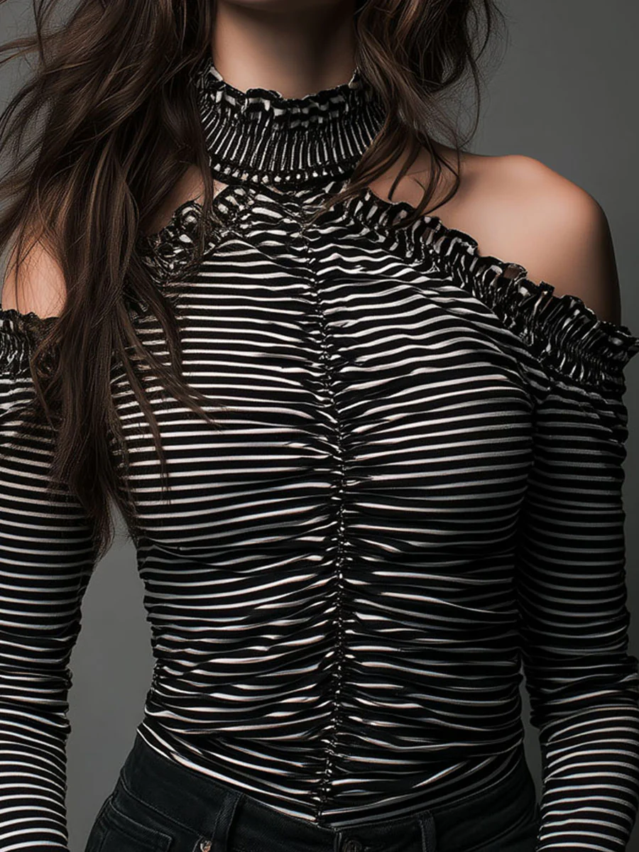 Classic High Neck Striped Cold-Shoulder Ruched Top - Image 7