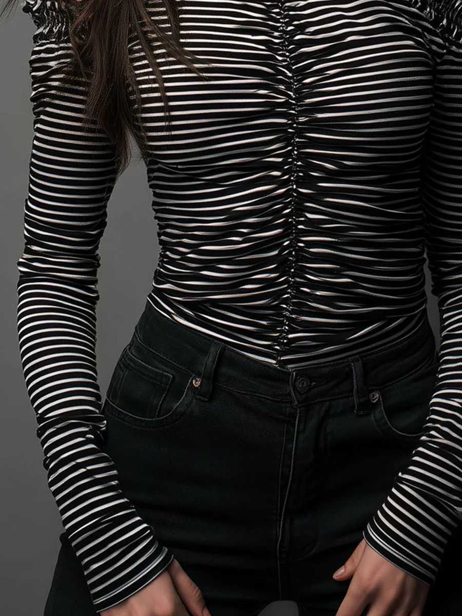 Classic High Neck Striped Cold-Shoulder Ruched Top - Image 8