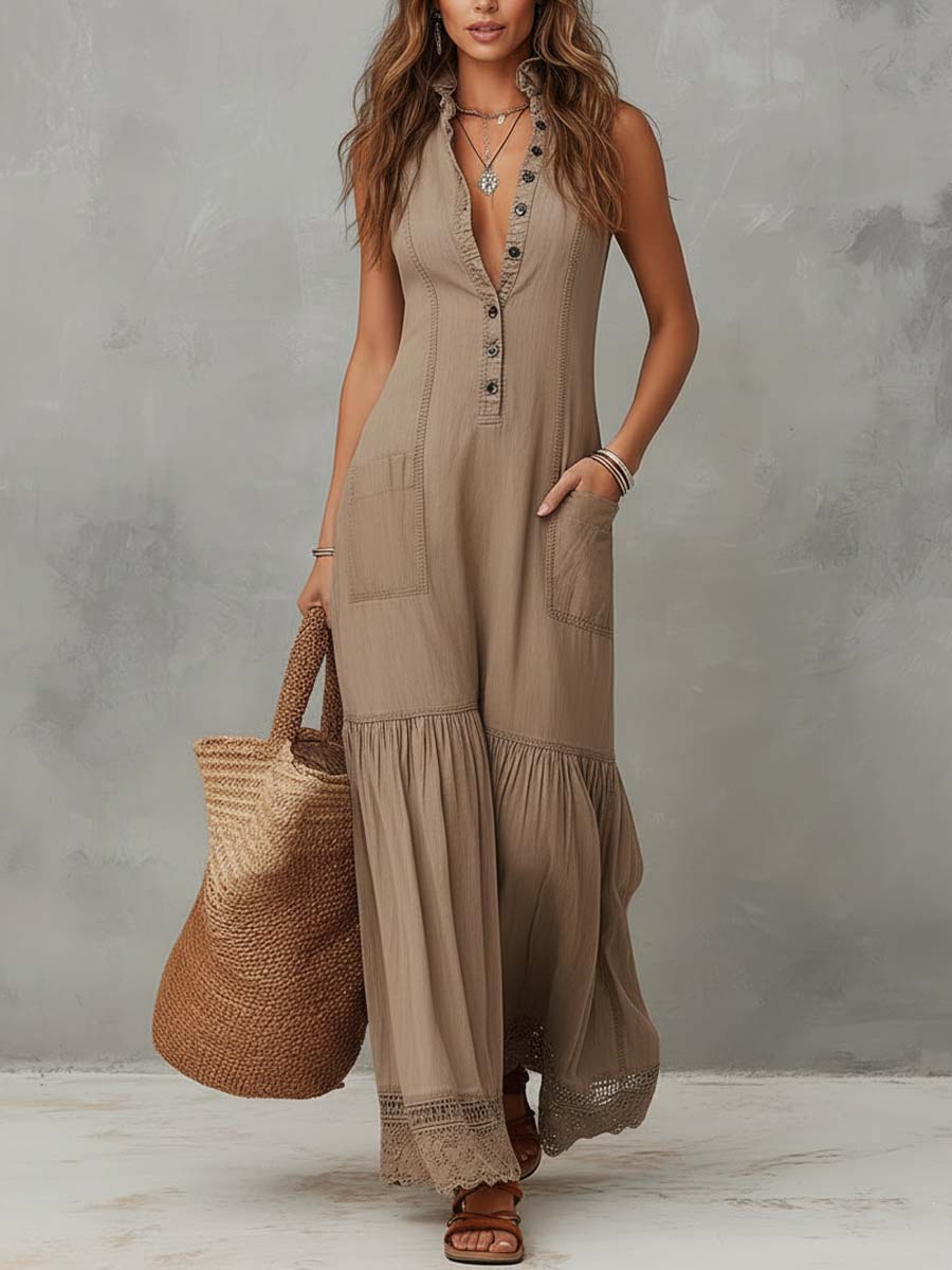 Classic Khaki Pure Cotton Sleeveless Maxi Dress - Image 3