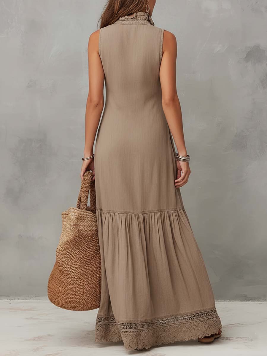 Classic Khaki Pure Cotton Sleeveless Maxi Dress - Image 4