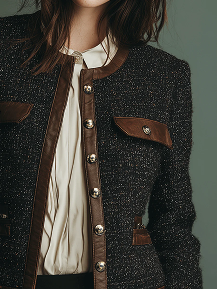 Classic Vintage Leather Trim Tweed Jacket - Image 4