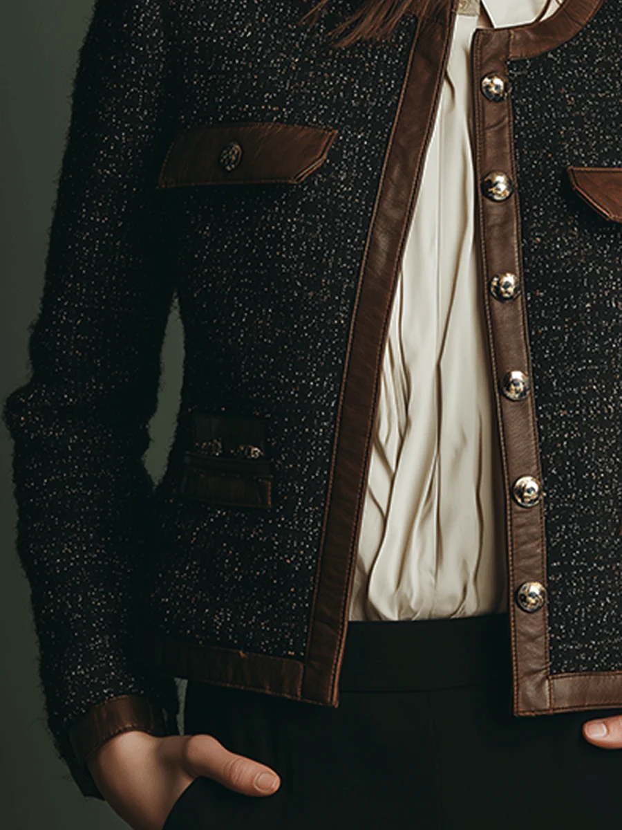 Classic Vintage Leather Trim Tweed Jacket - Image 5