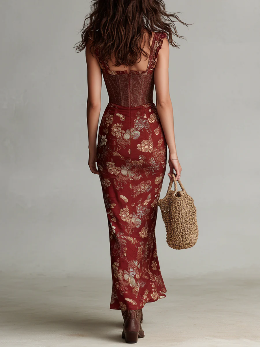 Corset-Style Floral Print High-Slit Maxi Dress - Image 3