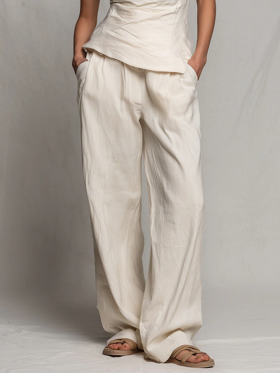 Drape-Neck Cotton-Linen Blouse & Wide-Leg Pants Set - Image 3