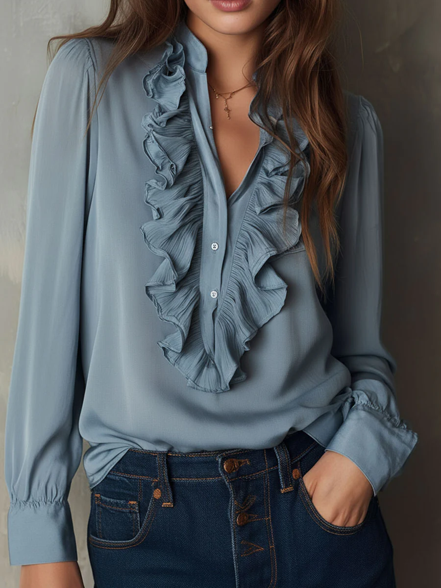 Dusty Blue Ruffle Front V-Neck Button Chiffon Blouse - Image 2