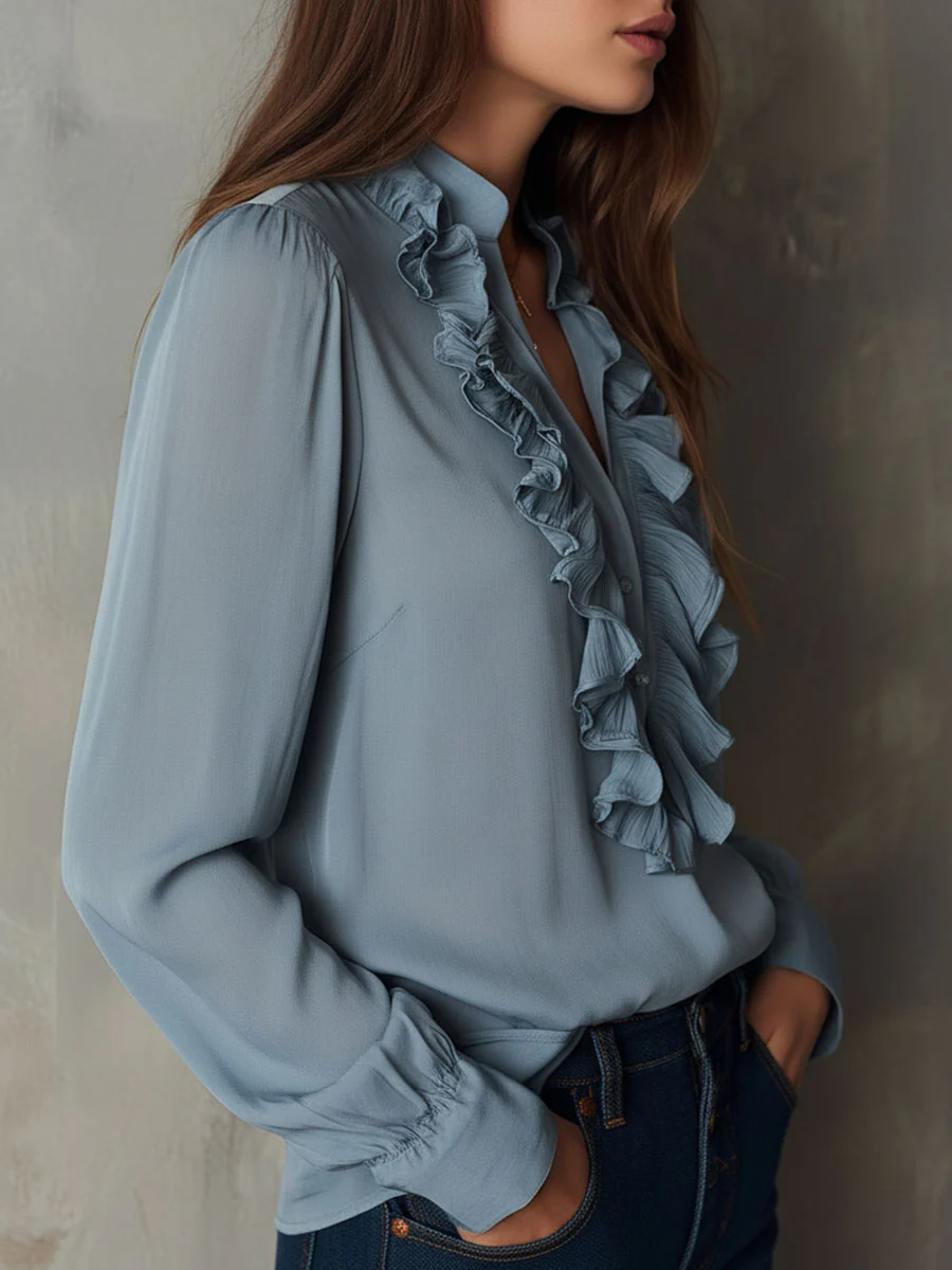 Dusty Blue Ruffle Front V-Neck Button Chiffon Blouse - Image 4
