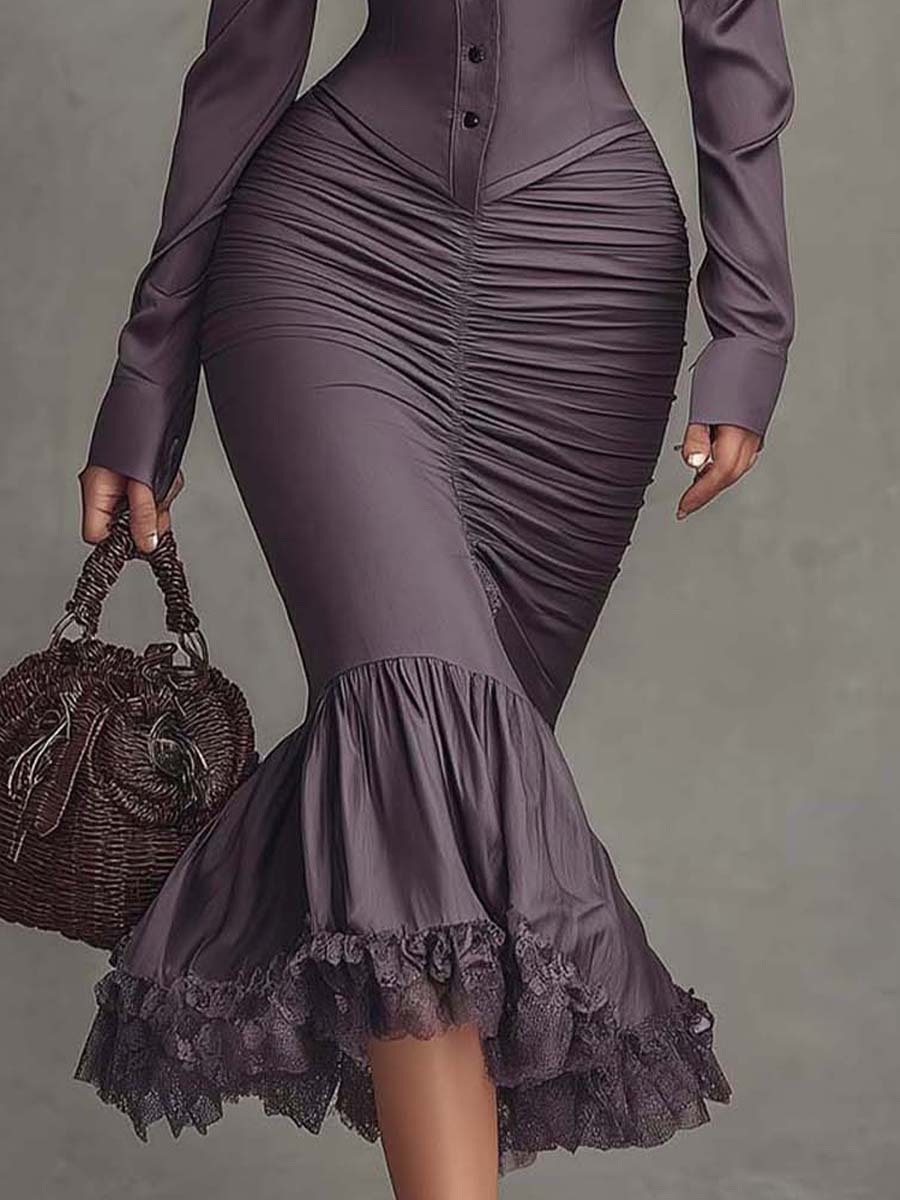 Dusty Mauve Lace-Trim Ruched Midi Dress - Image 7
