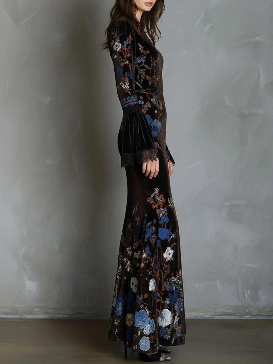 Elegance Midnight Velvet Floral Gown With Lace Trim - Image 4