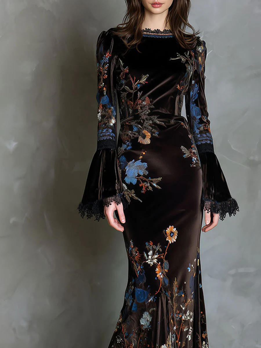 Elegance Midnight Velvet Floral Gown With Lace Trim - Image 6