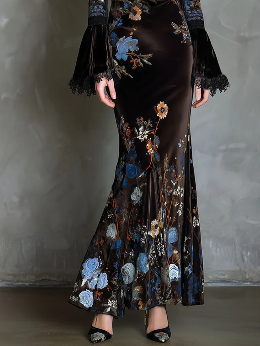 Elegance Midnight Velvet Floral Gown With Lace Trim - Image 7