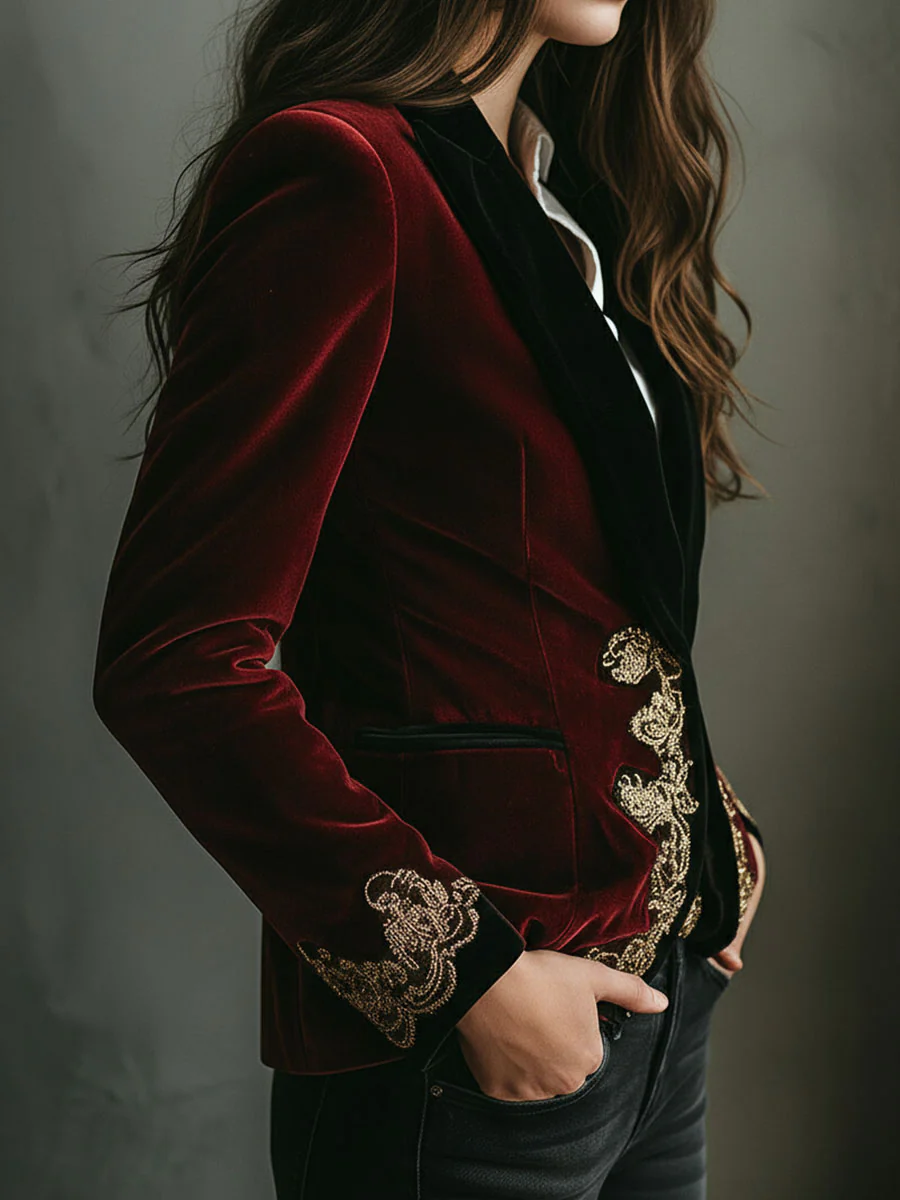 Elegant Black Collar Gold Luxury Embroidered Velvet Blazer - Image 3