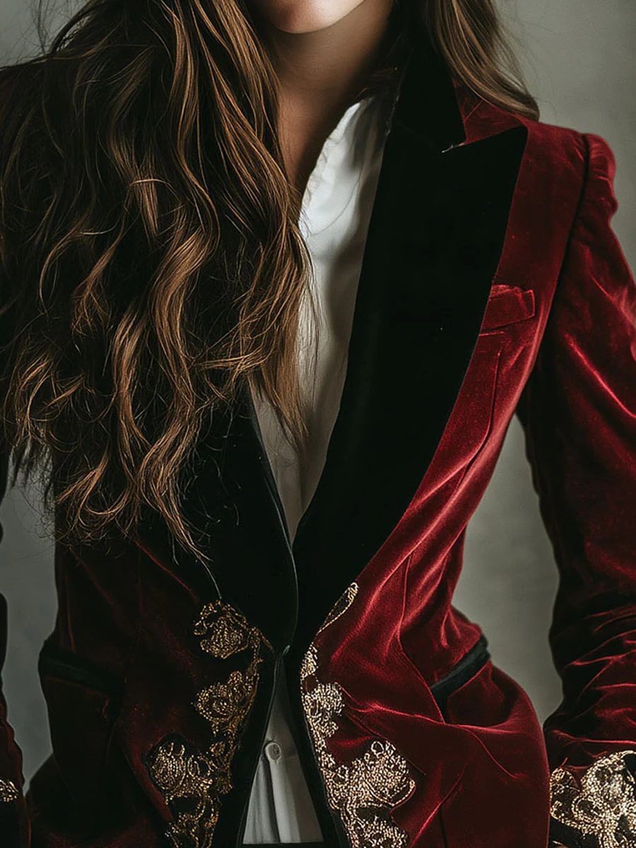 Elegant Black Collar Gold Luxury Embroidered Velvet Blazer - Image 5