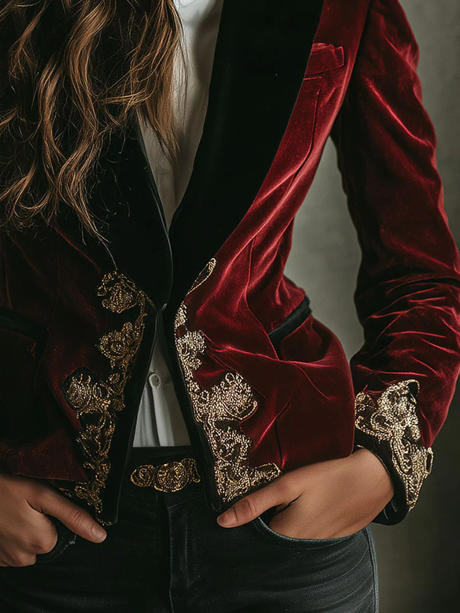 Elegant Black Collar Gold Luxury Embroidered Velvet Blazer - Image 6