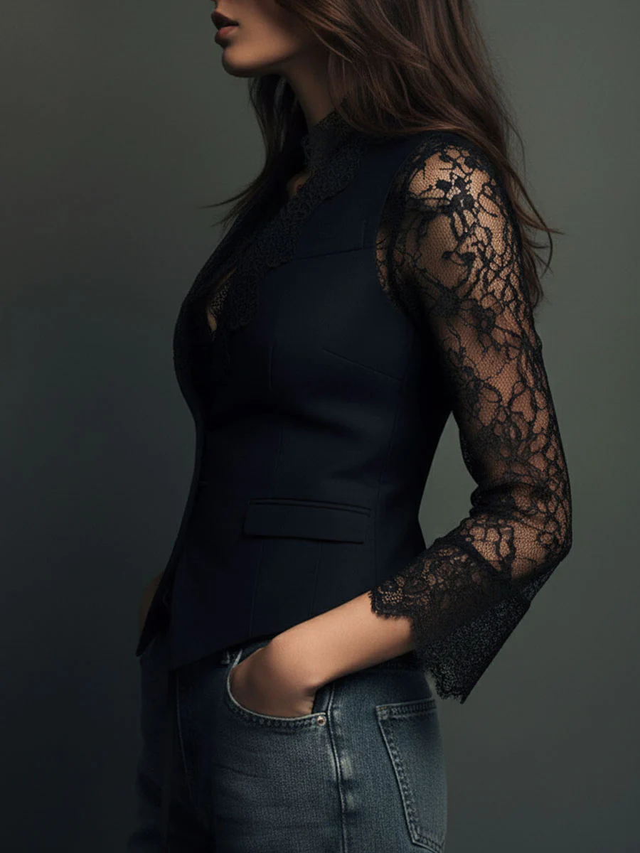 Elegant Black Lace Panel Sleeve Blazer Top - Image 10