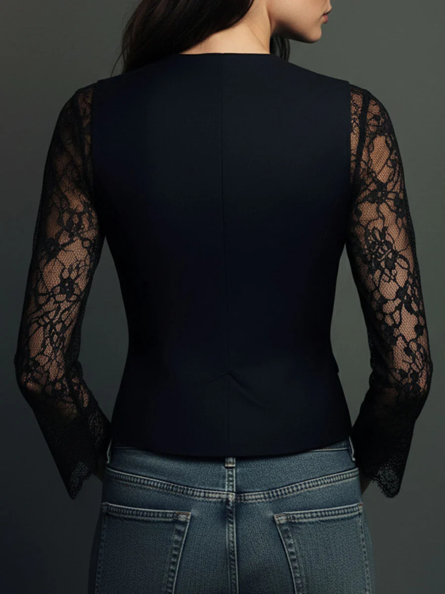 Elegant Black Lace Panel Sleeve Blazer Top - Image 11