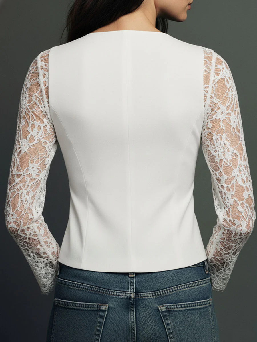 Elegant Black Lace Panel Sleeve Blazer Top - Image 12