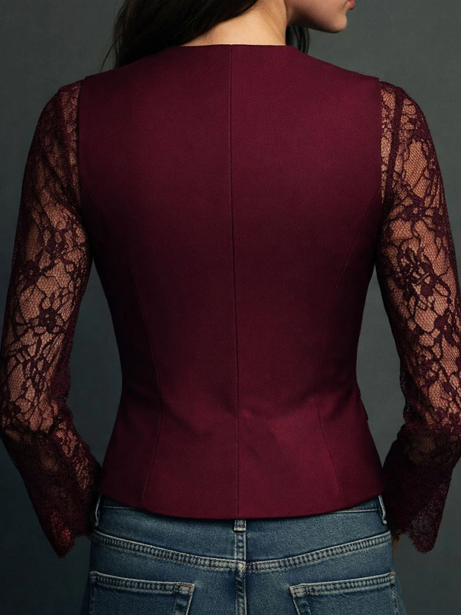 Elegant Black Lace Panel Sleeve Blazer Top - Image 13