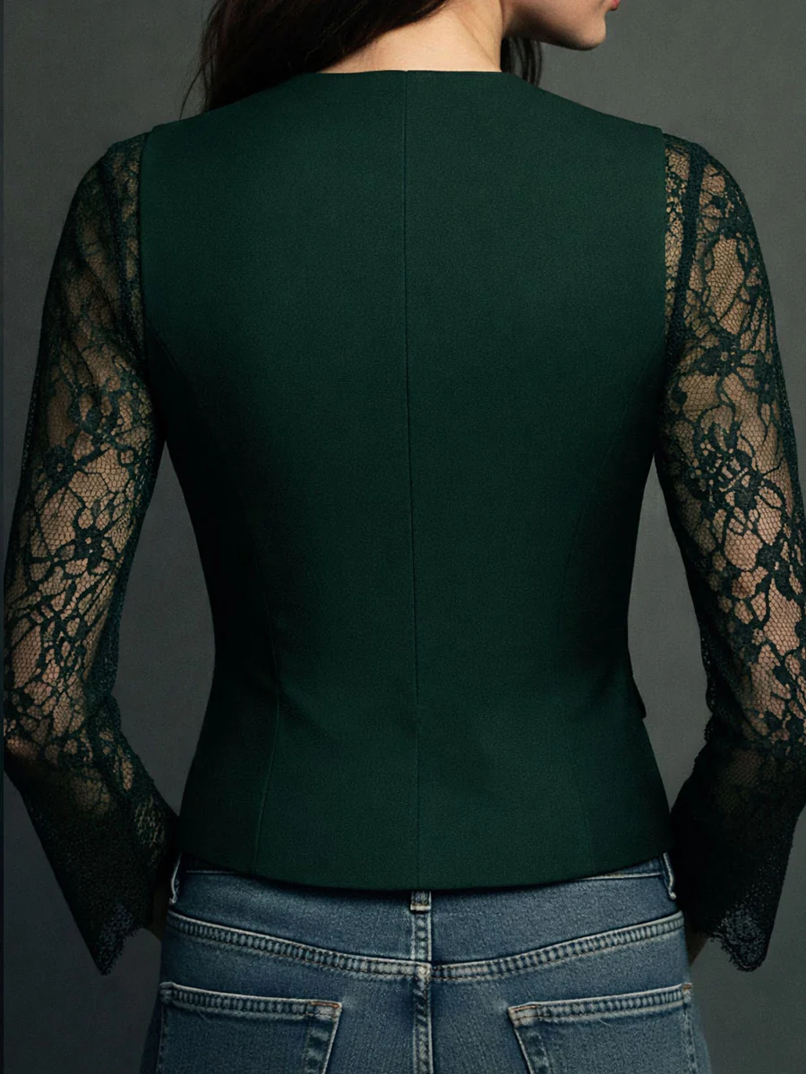 Elegant Black Lace Panel Sleeve Blazer Top - Image 14
