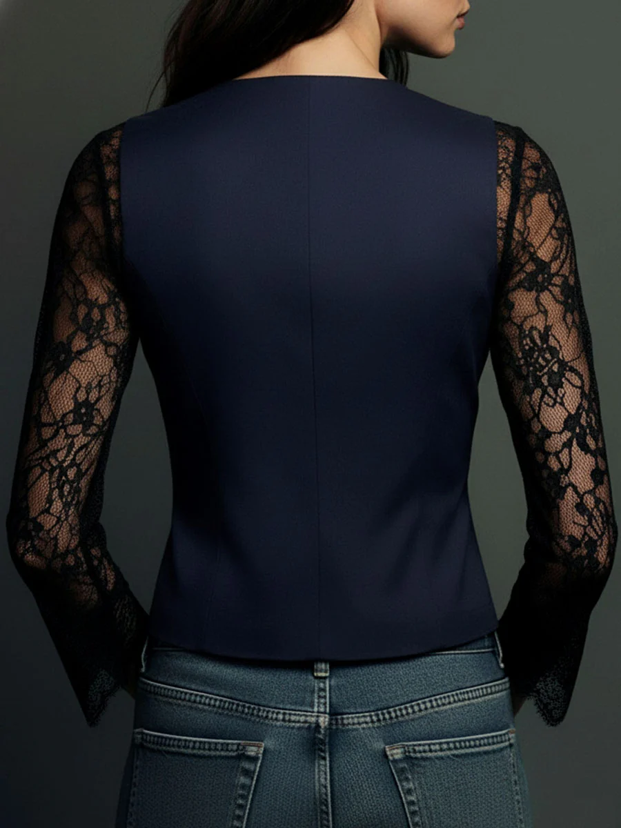 Elegant Black Lace Panel Sleeve Blazer Top - Image 15