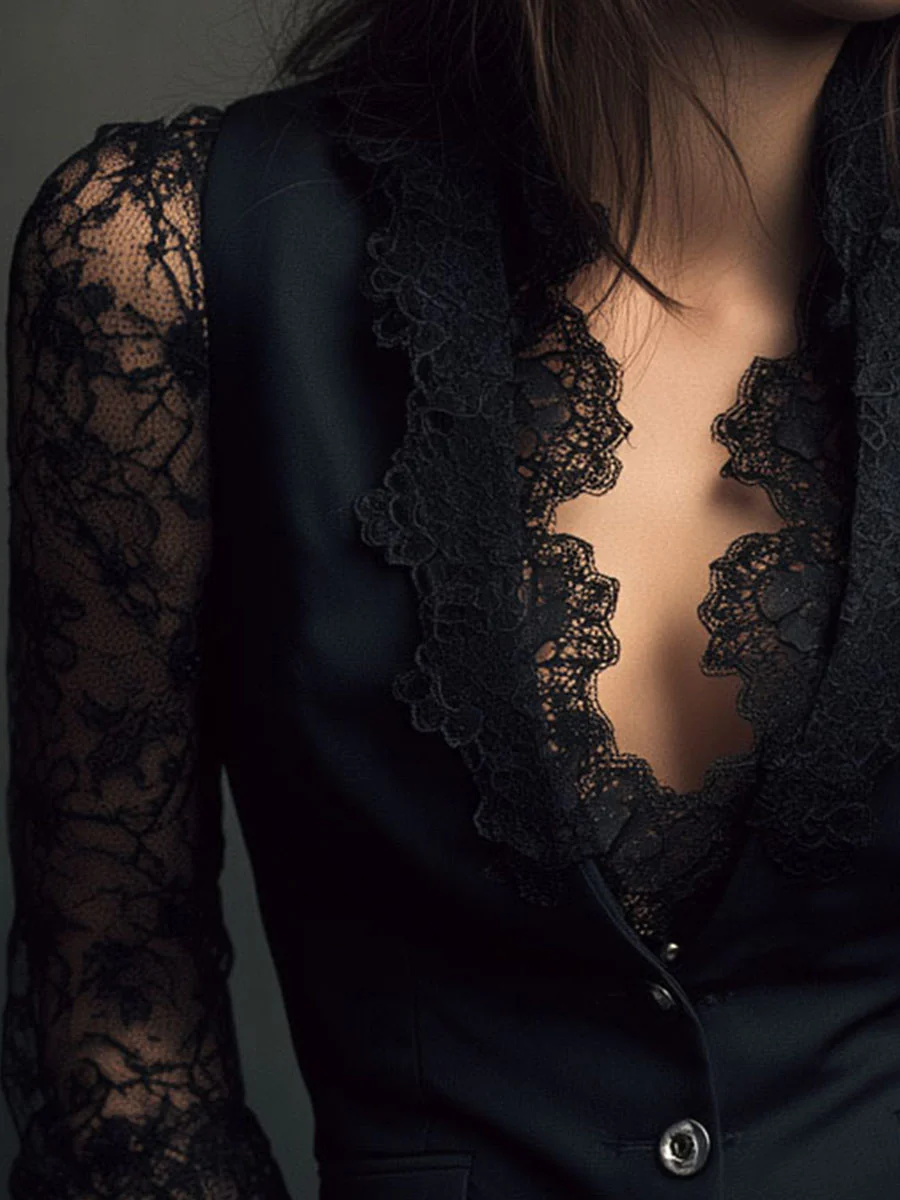 Elegant Black Lace Panel Sleeve Blazer Top - Image 16
