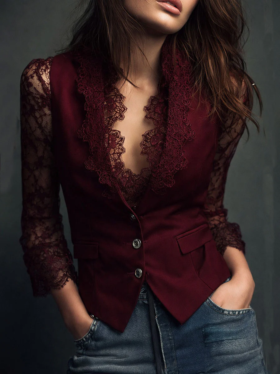 Elegant Black Lace Panel Sleeve Blazer Top - Image 2
