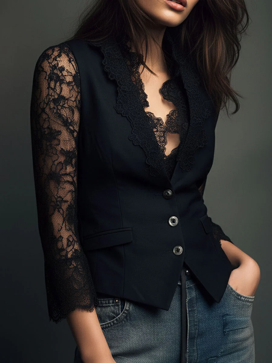 Elegant Black Lace Panel Sleeve Blazer Top - Image 8