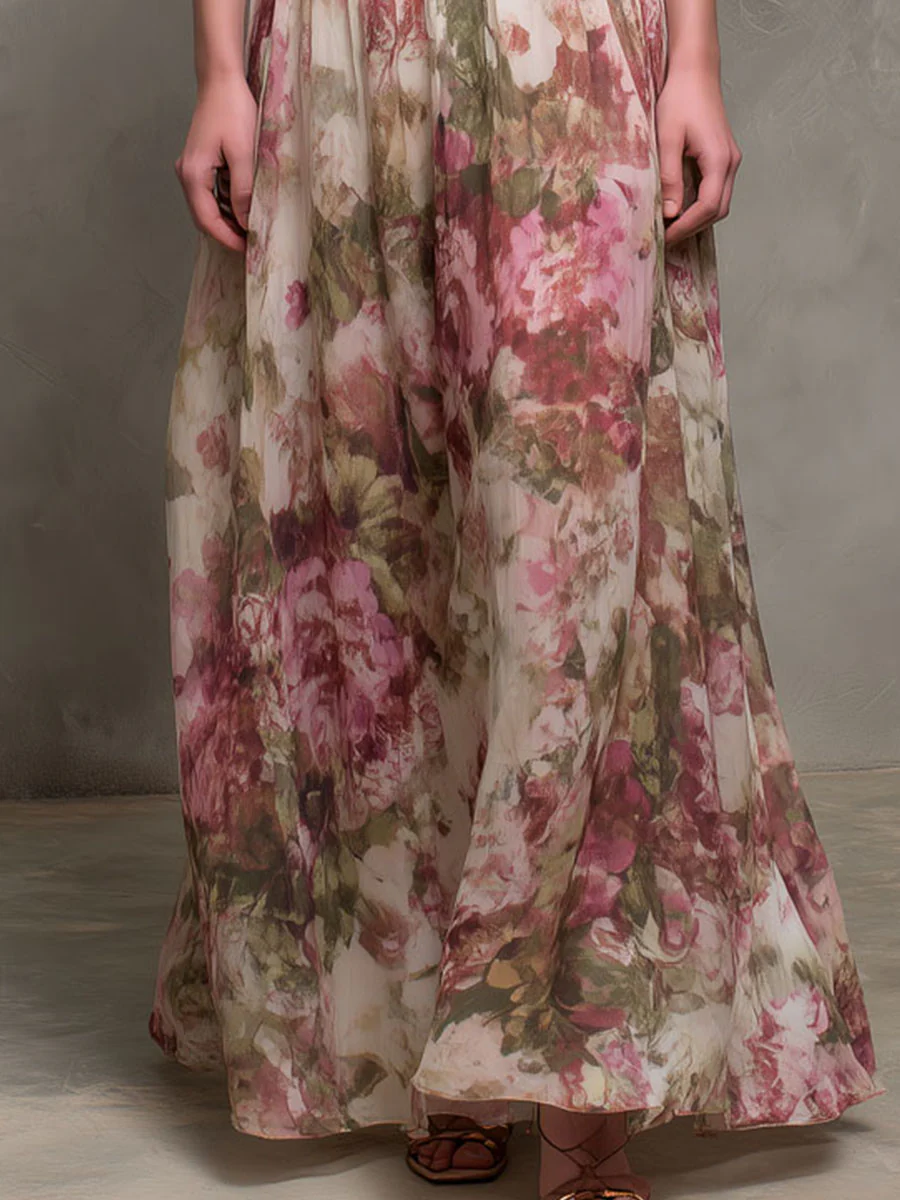 Elegant Blush Pleated Floral Print Halter Maxi Dress - Image 3