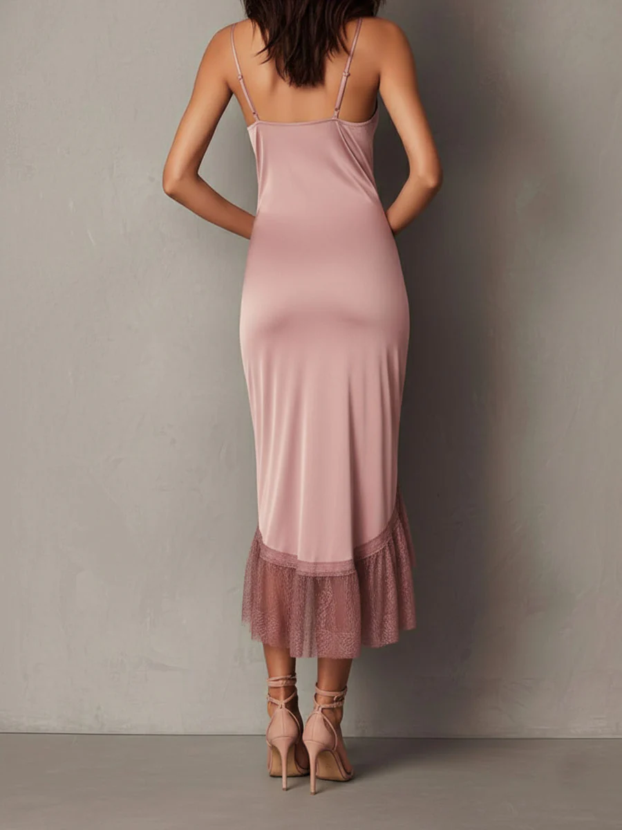 Elegant Blush Satin Lace-Trim Slip Midi Dress With Asymmetric Hem - Image 5